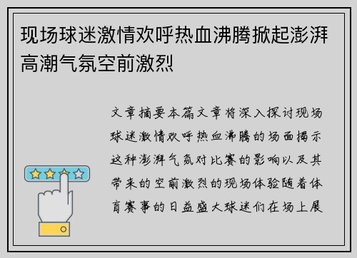 现场球迷激情欢呼热血沸腾掀起澎湃高潮气氛空前激烈