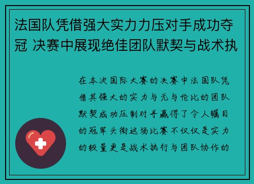 法国队凭借强大实力力压对手成功夺冠 决赛中展现绝佳团队默契与战术执行