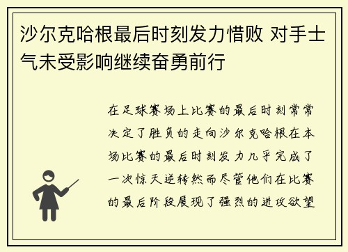 沙尔克哈根最后时刻发力惜败 对手士气未受影响继续奋勇前行