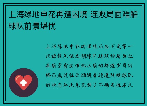 上海绿地申花再遭困境 连败局面难解球队前景堪忧