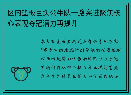 区内篮板巨头公牛队一路突进聚焦核心表现夺冠潜力再提升