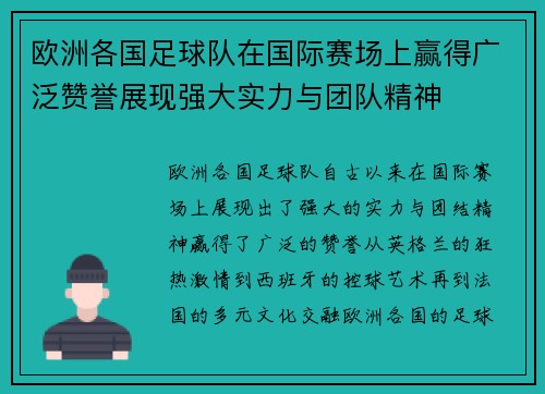 欧洲各国足球队在国际赛场上赢得广泛赞誉展现强大实力与团队精神