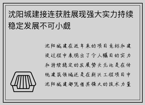 沈阳城建接连获胜展现强大实力持续稳定发展不可小觑