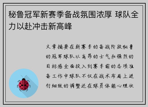 秘鲁冠军新赛季备战氛围浓厚 球队全力以赴冲击新高峰