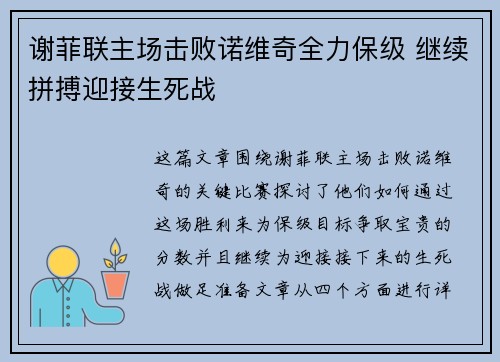 谢菲联主场击败诺维奇全力保级 继续拼搏迎接生死战