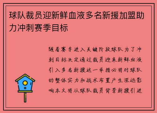 球队裁员迎新鲜血液多名新援加盟助力冲刺赛季目标